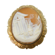 Gold on Sterling Silver Carved Shell Rural Scene Cameo Brooch Vintage 1981 Birmingham