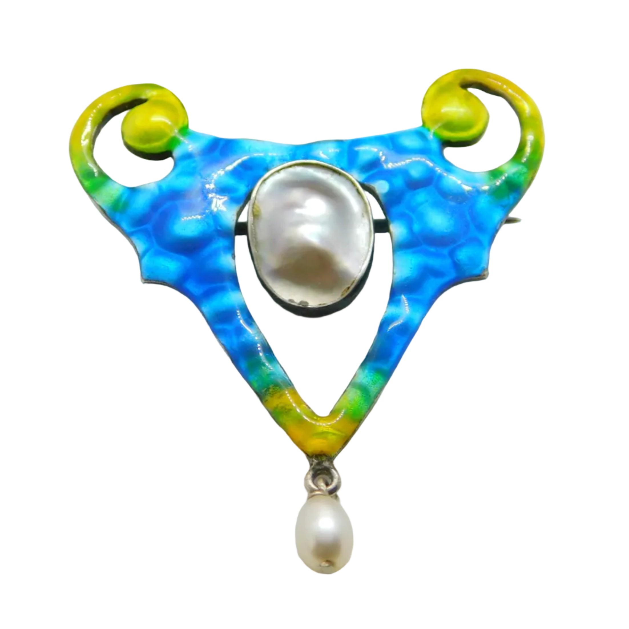 An Art Nouveau sterling silver enamel brooch with blistered pearl design, c1890 antique Victoria.