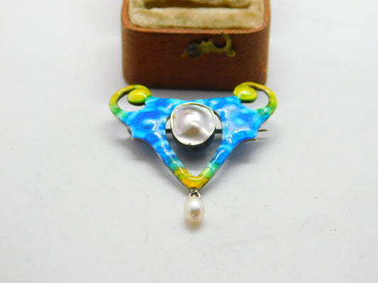 Art Nouveau Sterling Silver Enamel Blistered Pearl Brooch c1890 Antique Victoria