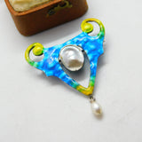 Art Nouveau Sterling Silver Enamel Blistered Pearl Brooch c1890 Antique Victoria
