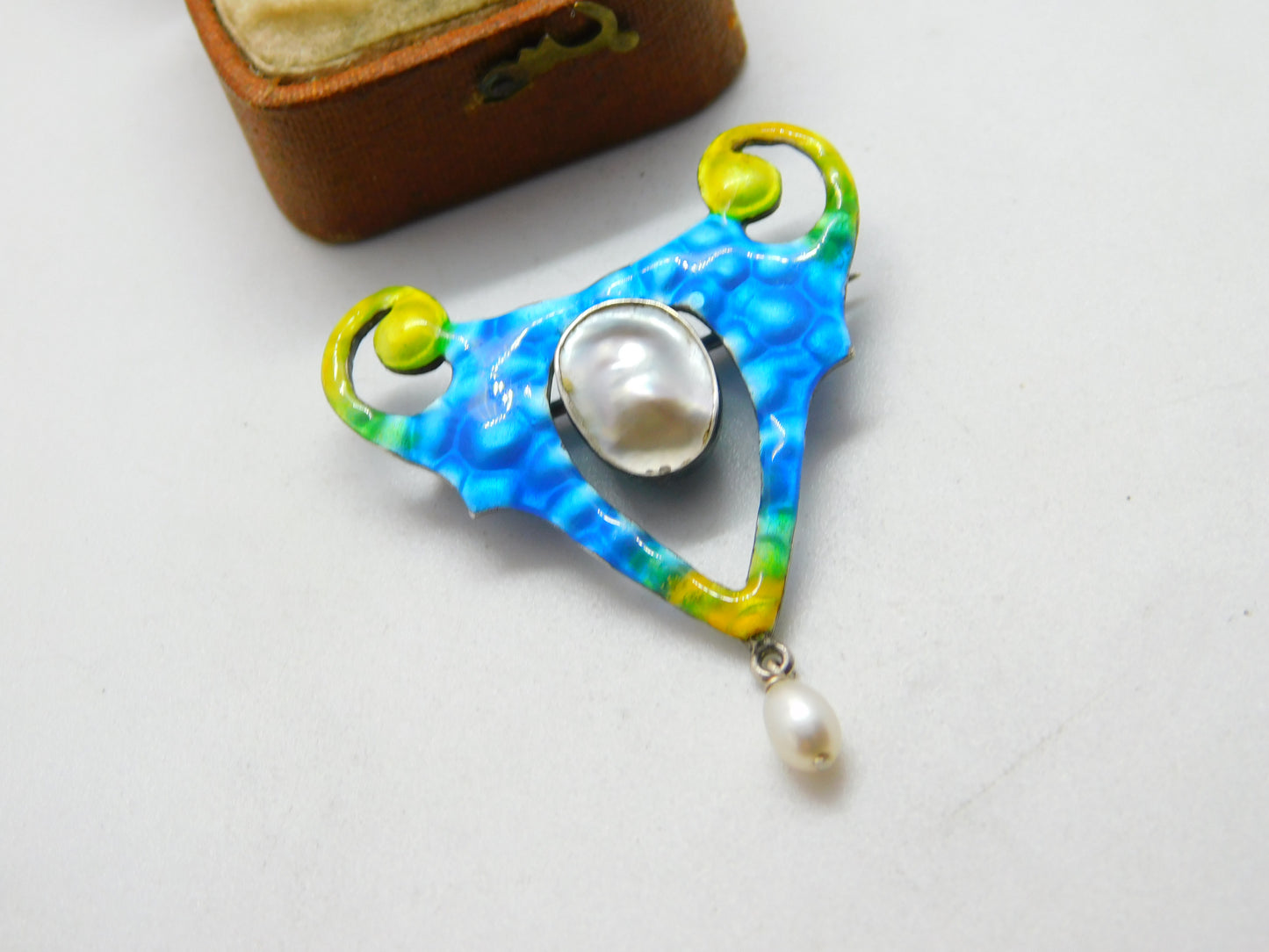 Art Nouveau Sterling Silver Enamel Blistered Pearl Brooch c1890 Antique Victoria