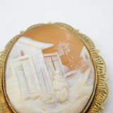 Gold on Sterling Silver Carved Shell Rural Scene Cameo Brooch Vintage 1981 Birmingham