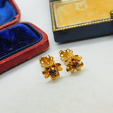 Pair Of 18ct Yellow Gold & Garnet Floral Stud Earrings Vintage c1970 750 marks
