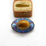 Chinese Sterling Silver, Enamel & Tiger's Eye Cabochon Brooch c1940 Antique