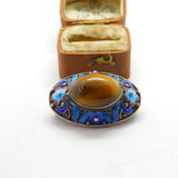 Chinese Sterling Silver, Enamel & Tiger's Eye Cabochon Brooch c1940 Antique
