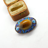 Chinese Sterling Silver, Enamel & Tiger's Eye Cabochon Brooch c1940 Antique