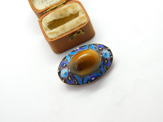 Chinese Sterling Silver, Enamel & Tiger's Eye Cabochon Brooch c1940 Antique