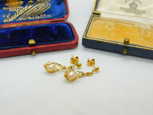 Pair Of 18ct Yellow Gold & Pearl Modernist Drop Earrings Vintage c1970