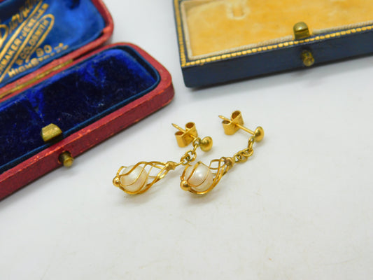 Pair Of 18ct Yellow Gold & Pearl Modernist Drop Earrings Vintage c1970