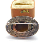 Chinese Sterling Silver, Enamel & Tiger's Eye Cabochon Brooch c1940 Antique