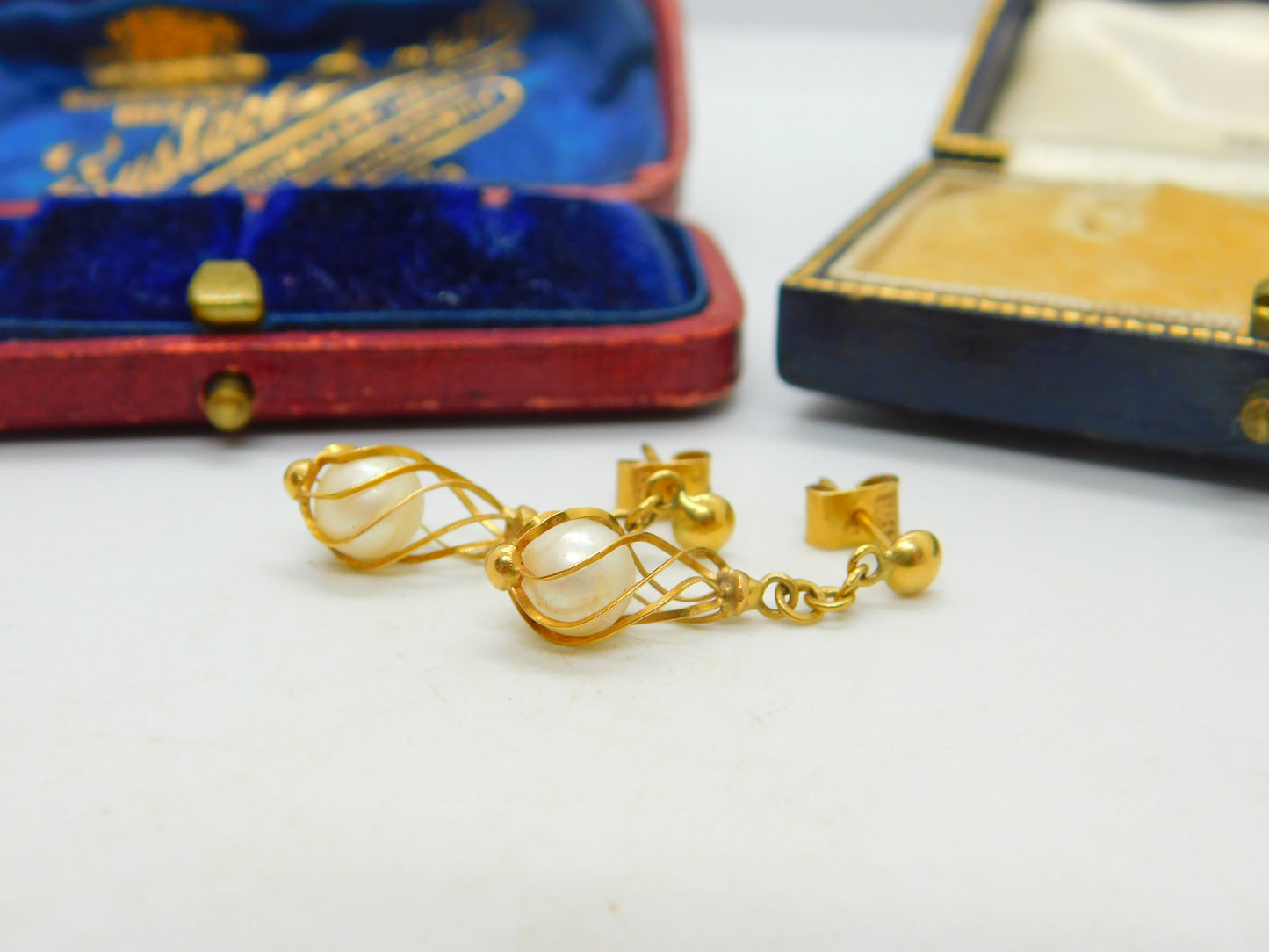 Pair Of 18ct Yellow Gold & Pearl Modernist Drop Earrings Vintage c1970