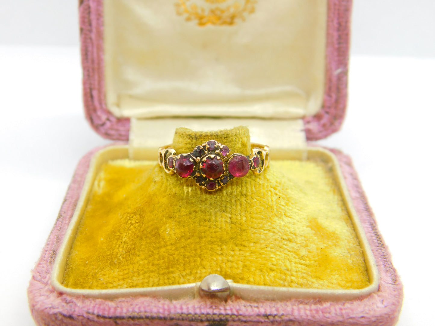 Victorian 15ct Yellow Gold, Almandine Garnet Floral Ring 1867 Birmingham Antique