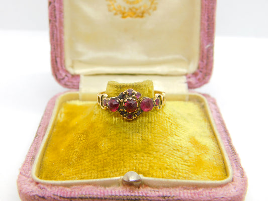 Victorian 15ct Yellow Gold, Almandine Garnet Floral Ring 1867 Birmingham Antique