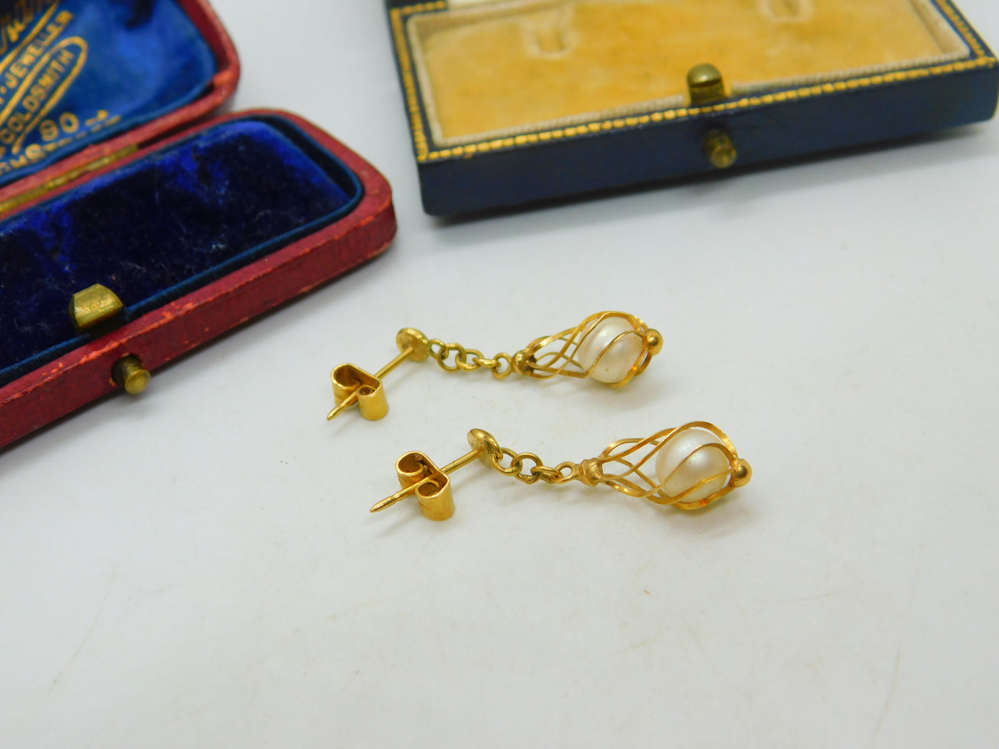 Pair Of 18ct Yellow Gold & Pearl Modernist Drop Earrings Vintage c1970