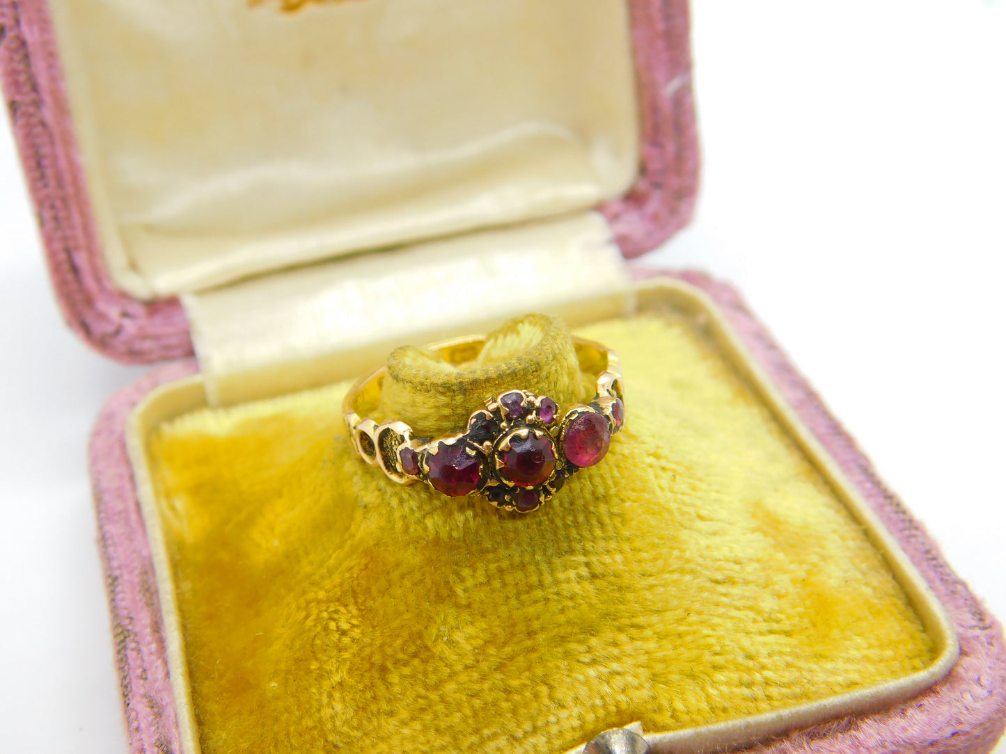 Victorian 15ct Yellow Gold, Almandine Garnet Floral Ring 1867 Birmingham Antique