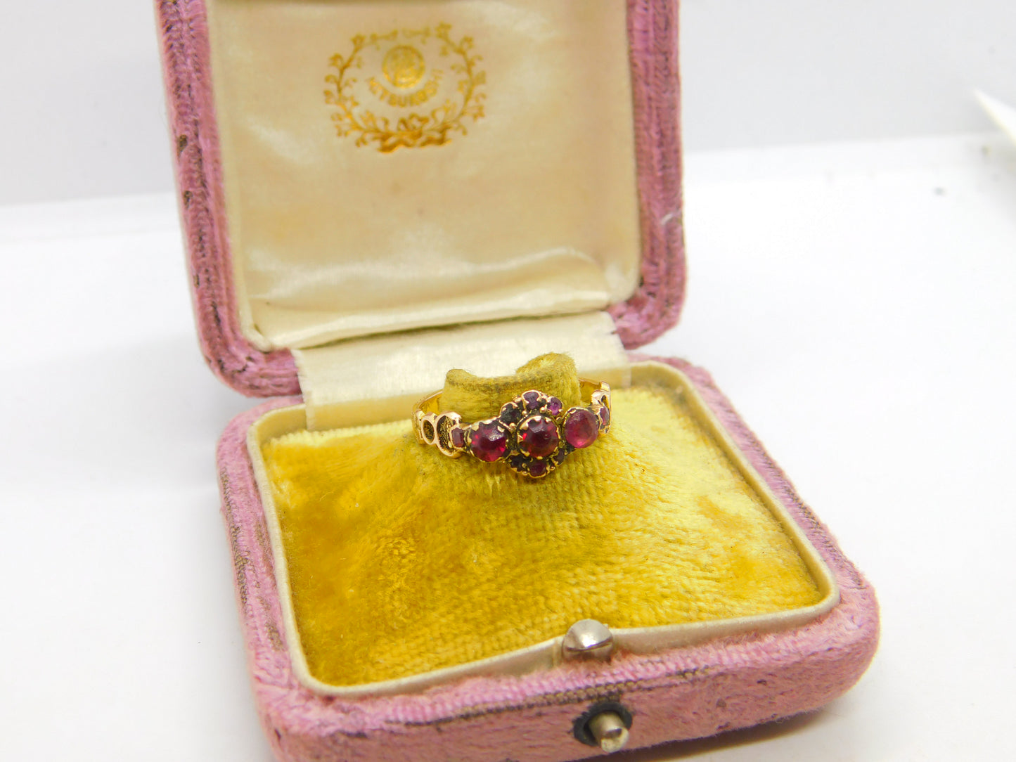 Victorian 15ct Yellow Gold, Almandine Garnet Floral Ring 1867 Birmingham Antique