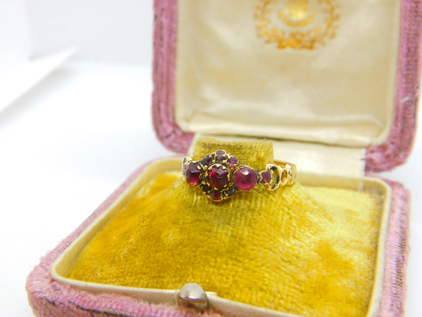 Victorian 15ct Yellow Gold, Almandine Garnet Floral Ring 1867 Birmingham Antique