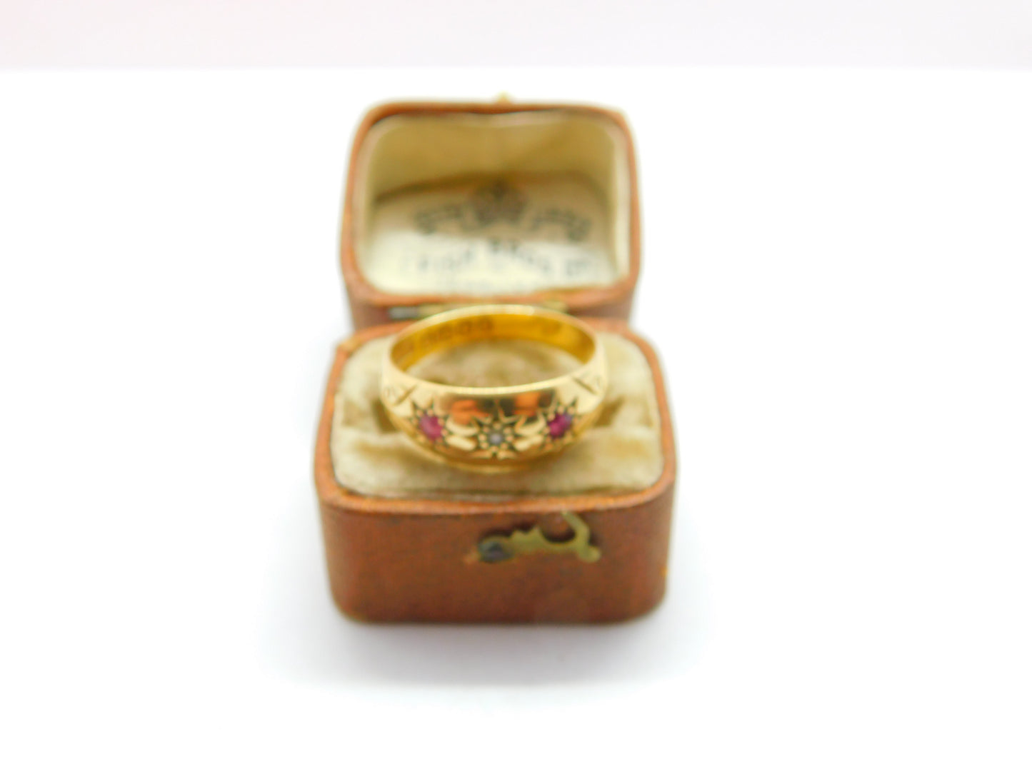 Victorian 18ct Gold, Diamond & Ruby Boat or Gypsy Ring 1889 Antique Birmingham