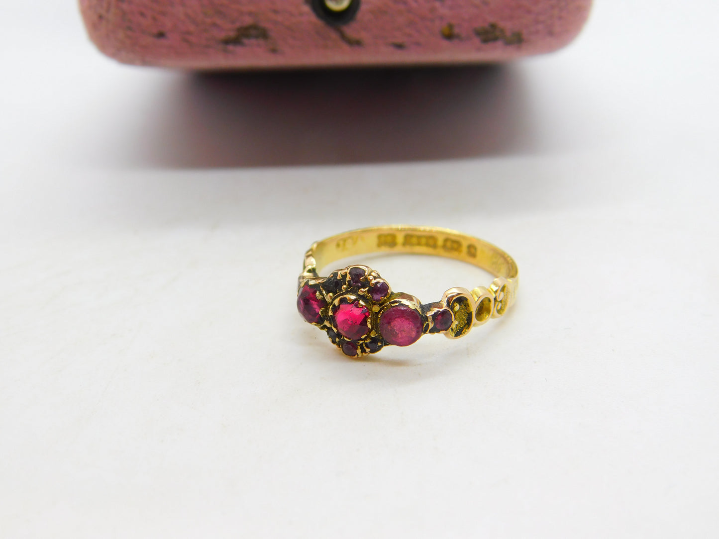 Victorian 15ct Yellow Gold, Almandine Garnet Floral Ring 1867 Birmingham Antique