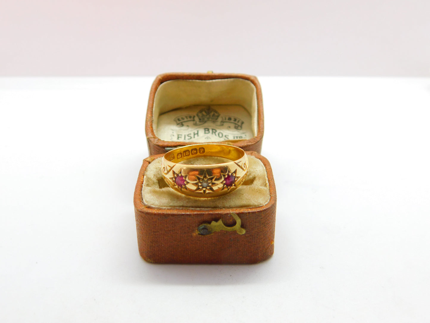 Victorian 18ct Gold, Diamond & Ruby Boat or Gypsy Ring 1889 Antique Birmingham