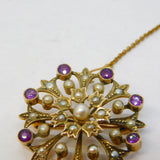 Victorian 15ct Yellow Gold, Amethyst & Seed Pearl Floral Brooch Antique c1890