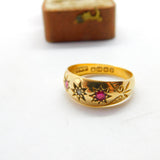 Victorian 18ct Gold, Diamond & Ruby Boat or Gypsy Ring 1889 Antique Birmingham