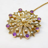 Victorian 15ct Yellow Gold, Amethyst & Seed Pearl Floral Brooch Antique c1890