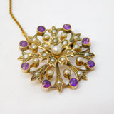 Victorian 15ct Yellow Gold, Amethyst & Seed Pearl Floral Brooch Antique c1890
