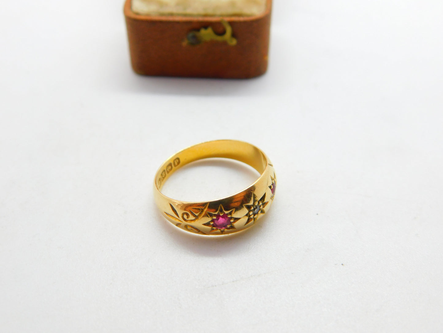 Victorian 18ct Gold, Diamond & Ruby Boat or Gypsy Ring 1889 Antique Birmingham