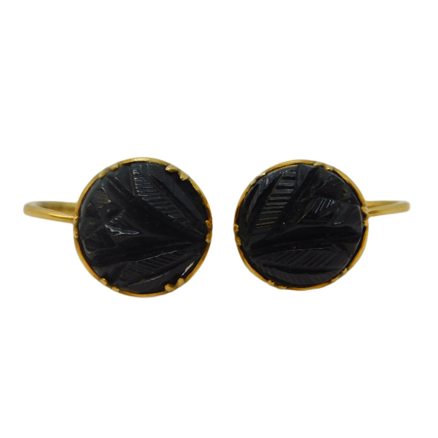 14ct Yellow Gold Carved Whitby Jet Floral Hook Earrings Antique c1900 Victorian