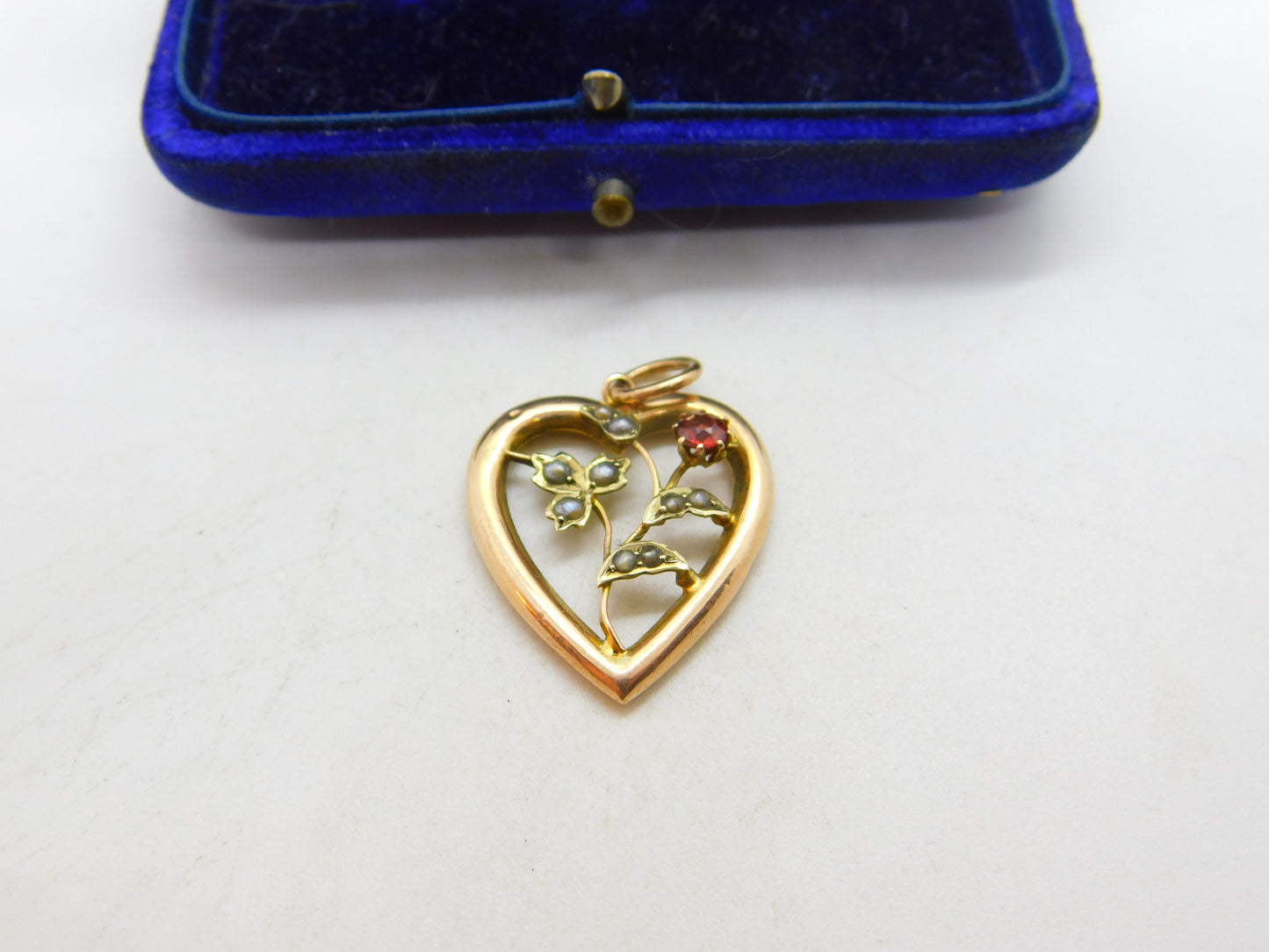 Edwardian 9ct Rose Gold, Seed Pearl Garnet Heart Drop Pendant c1910