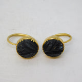 14ct Yellow Gold Carved Whitby Jet Floral Hook Earrings Antique c1900 Victorian
