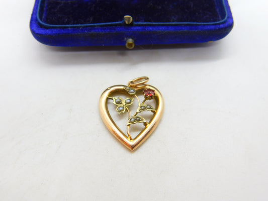 Edwardian 9ct Rose Gold, Seed Pearl Garnet Heart Drop Pendant c1910