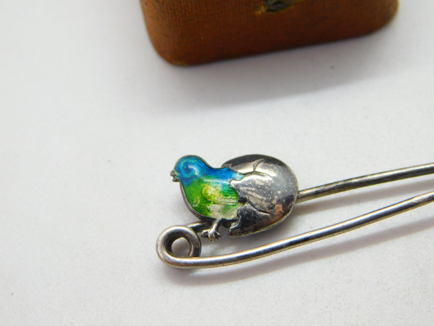 Edwardian Sterling Silver Guilloche Enamel Chick in the Egg Brooch c1910 Antique