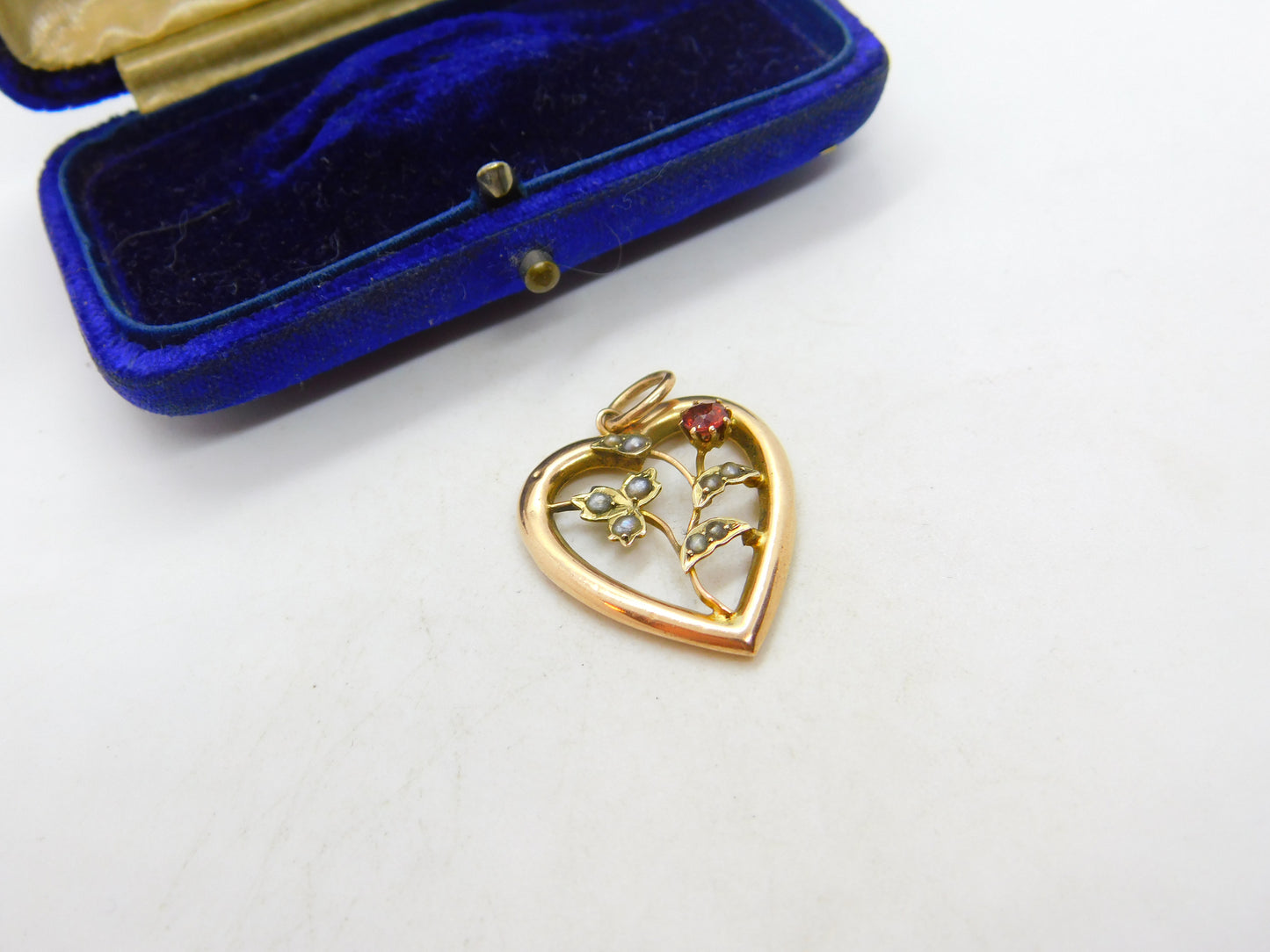 Edwardian 9ct Rose Gold, Seed Pearl Garnet Heart Drop Pendant c1910