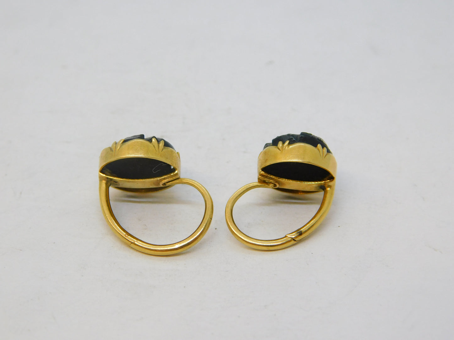14ct Yellow Gold Carved Whitby Jet Floral Hook Earrings Antique c1900 Victorian