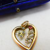 Edwardian 9ct Rose Gold, Seed Pearl Garnet Heart Drop Pendant c1910