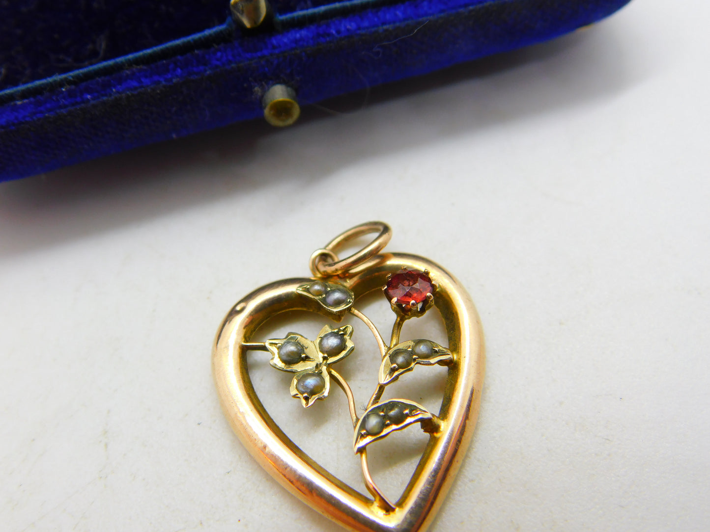 Edwardian 9ct Rose Gold, Seed Pearl Garnet Heart Drop Pendant c1910