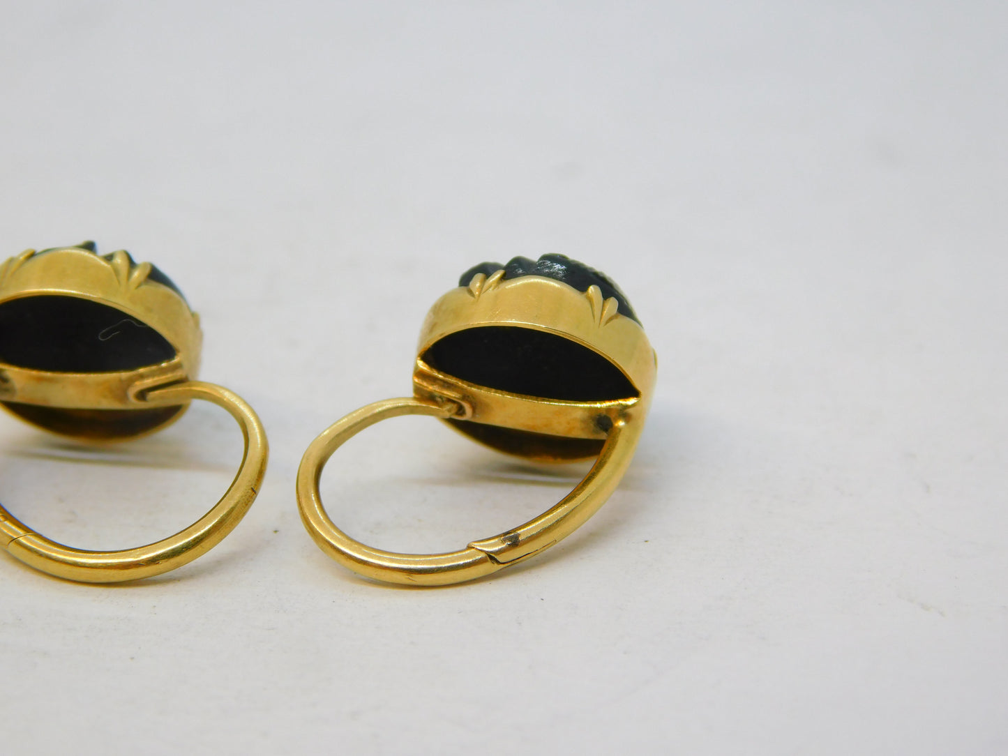 14ct Yellow Gold Carved Whitby Jet Floral Hook Earrings Antique c1900 Victorian