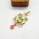 Edwardian Suffragette 9ct Gold, Peridot, Pearl & Topaz Lavalier Pendant Antique