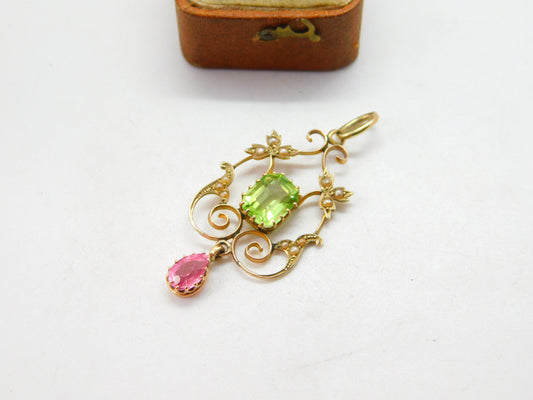 Edwardian Suffragette 9ct Gold, Peridot, Pearl & Topaz Lavalier Pendant Antique