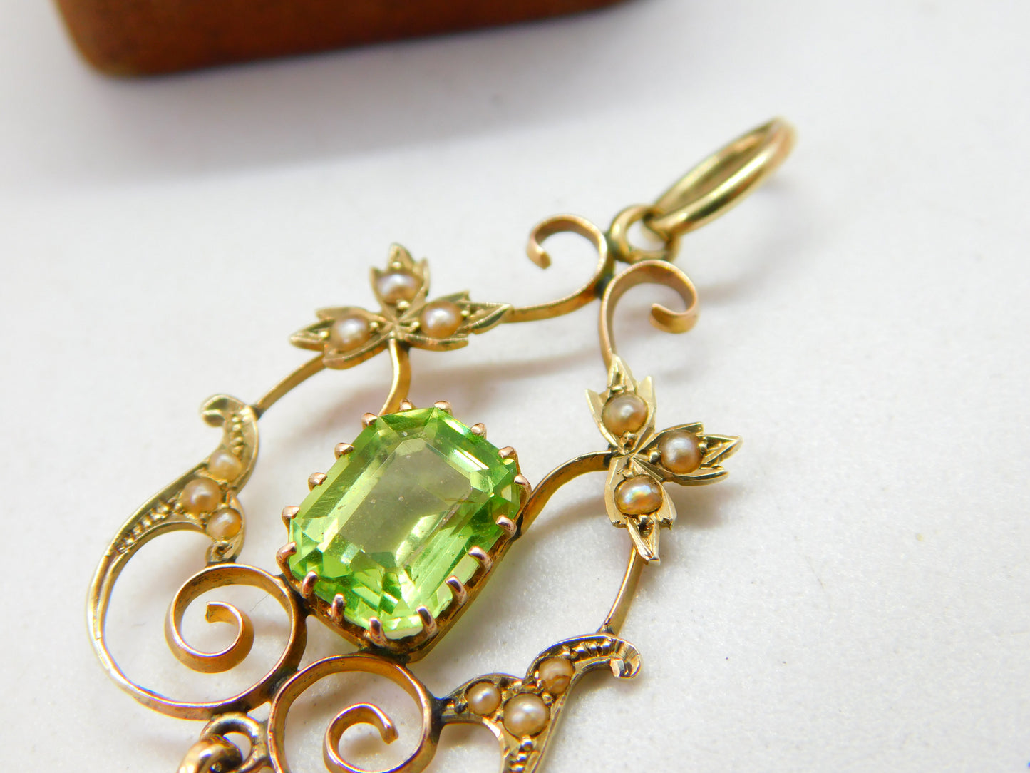 Edwardian Suffragette 9ct Gold, Peridot, Pearl & Topaz Lavalier Pendant Antique