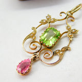 Edwardian Suffragette 9ct Gold, Peridot, Pearl & Topaz Lavalier Pendant Antique