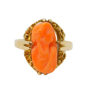 19th Century 10ct Gold, Carved Red Coral Cameo Dress Ring Antique c1880