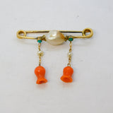 Victorian 15ct Gold, Turquoise, Pearl, Carved Coral Flower Brooch Antique c1880