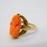 19th Century 10ct Gold, Carved Red Coral Cameo Dress Ring Antique c1880
