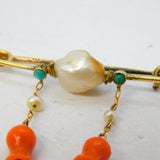 Victorian 15ct Gold, Turquoise, Pearl, Carved Coral Flower Brooch Antique c1880