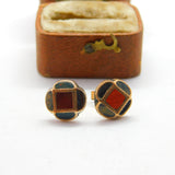 Victorian Scottish 9ct Gold, Bloodstone & Agate Floral Stud Earrings Antique