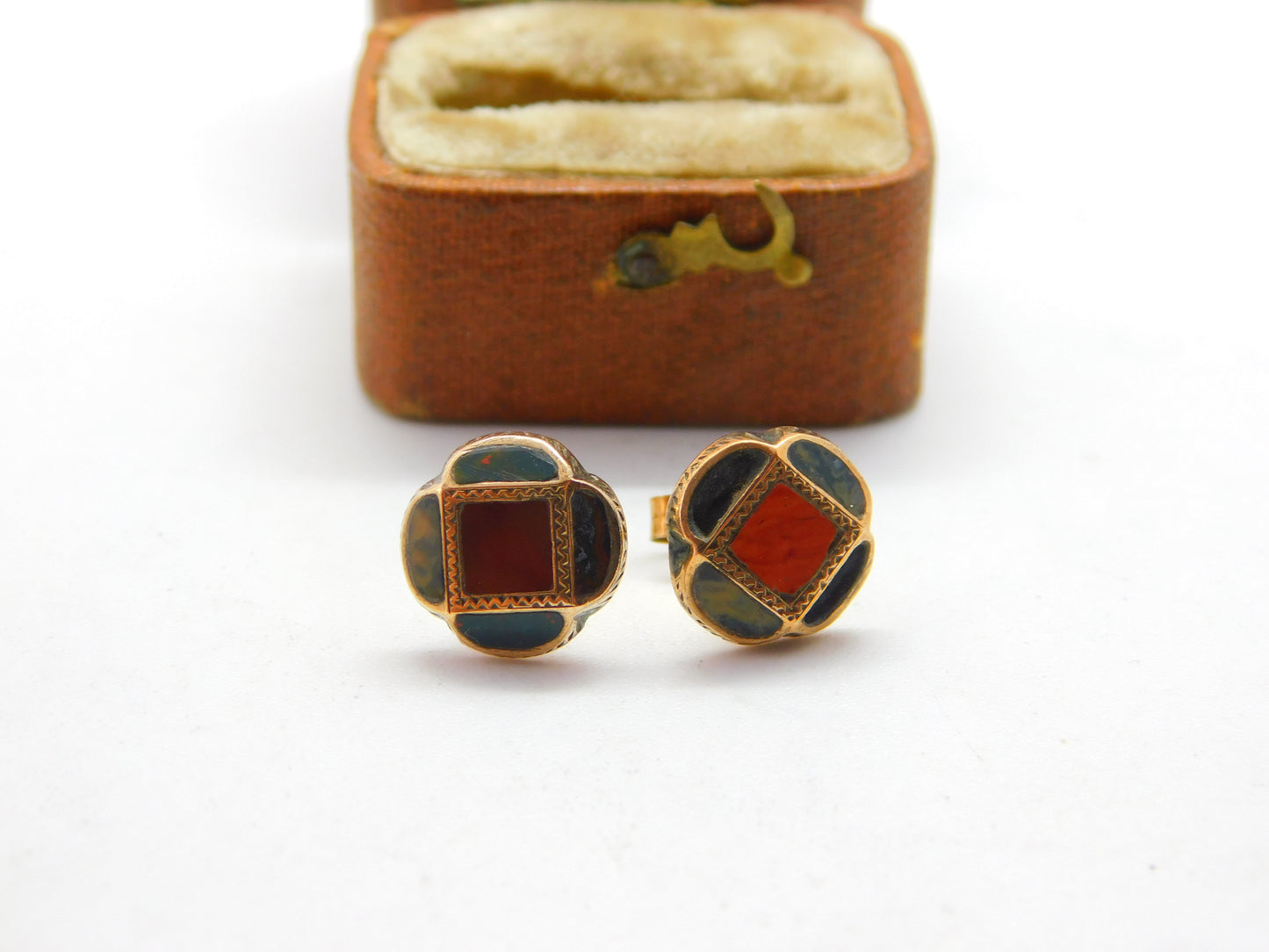 Victorian Scottish 9ct Gold, Bloodstone & Agate Floral Stud Earrings Antique