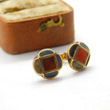 Victorian Scottish 9ct Gold, Bloodstone & Agate Floral Stud Earrings Antique
